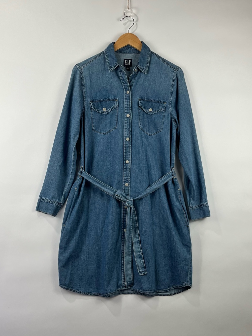 GAP Denim Western Shirt Dress Pockets Detachable Belt Snap Front Layering S